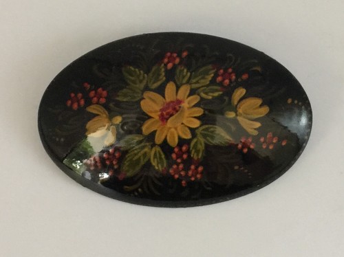 Broche florale ovale bois - florale, bois/