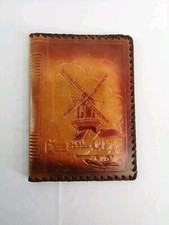 Ancien protège livre bloc note et crayon signé en cuir repoussé teinté