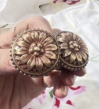 Pair Antique Sun Flower Solid  Brass Drawer Pulls Knobs Round French 1½” A+++