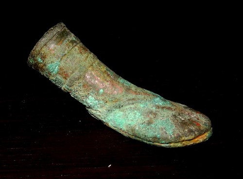 Roman bronze foot with sandal - bronze,