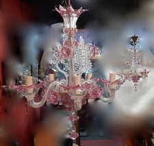 1950/70 Paire de Lustres Murano 5 Bras Cristal Naturel et Cristal Couleur Rose