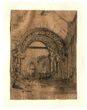 Ruine romane -  Dessin original ancien au fusain