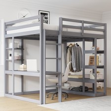 Lit Loft 140*200 cm, Avec Table Et Étagères, Lits Doubles Pour Enfants, Gris