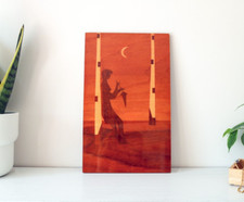 Ancienne suspension murale en bois, art mural paysage en marqueterie, décorat...