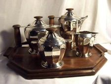 Service THE et CAFE métal argenté ART DECO orf. ROUX MARQUIAND plateau BOIS