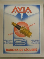 Affiche ancienne entoilée bougie d'allumage Auto-Moto-Avion AVIA signée Mouzat