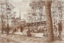 Estampe ancienne bouquinistes Quai Montebello et Notre Dame paysage architecture
