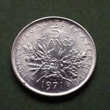Pièce de monnaie 5 francs Semeuse 1971 en cupronickel qualité TTB+ nettoyée.