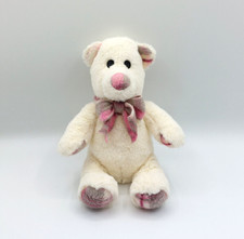Peluche doudou ours blanc Primatis B coeur écharpe polaire rose carreaux 24 cm