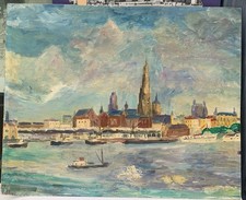 Tableau Ancien  Huile Paysage Bord Mer Marine Bateau Venise Italie XXe Siècle