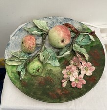 Antique French Menton Longchamps Majolica Apple Branch Barbotine Relief Mint