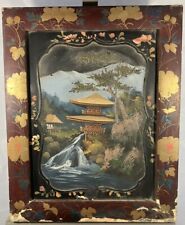 Ancienne Huile sur panneau Japon XIXe à décor de cascade Temple Zen Japonais