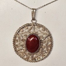 Collier Argent 925 Chaine 44cm Grand Pendentif Filigrané Cornaline 44mm Poinçons