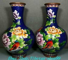 11" China Purple Bronze Cloisonne Peony Flower Vase Bottle Jar Jug Pot Pair