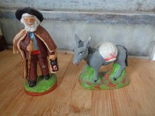 2 Santons de Provence signés  Paul FOUQUE : Berger, Taille 9 cm. Ane taille 7 cm