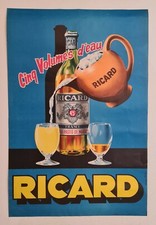 Ricard cinq volumes d'eau vers 1940 Affiche Originale Alcool Publicitaire 