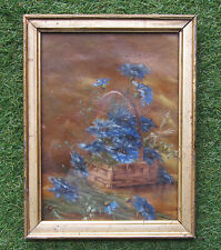 Ancien très beau tableau huile sur carton sous vitre XIXe bleuets bouquet fleurs