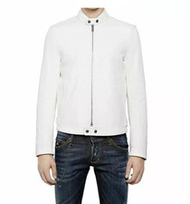 Blouson cuir blanc homme motard moto style vintage véritable veste en peau...