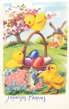 CP ILLUSTREE PAQUES POUSSINS PANIER OEUFS COLORES MOULIN DECOUPI OEUF - 44073
