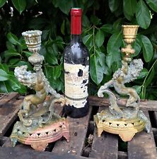 RARE PAIRE DE BOUGEOIRS BRONZE LIONS FLEURS DE LYS XIXÈME SIÈCLE CRENAUX DONJON 