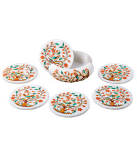 Marbre Coaster Set Demi Précieux Pierres Incrustation Floral Travail Main