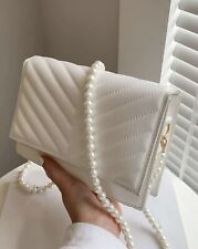 Sac À Main À Bandoulière Blanc Similicuir Femme Épaules Matelassé Chaine Perles