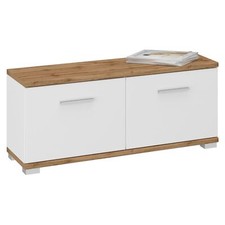 Banc rangement à chaussures en mélaminé couleur chêne wotan et blanc