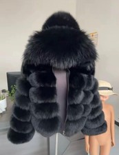Exclusive Black Fur coat with Hood and Voluminous Collar