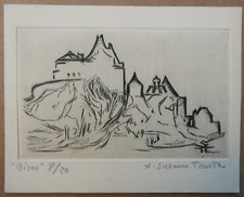 Gravure Cuivre SUZANNE TOURTE (1904-1979) Paysage Château Biron Carte Voeux 20ex