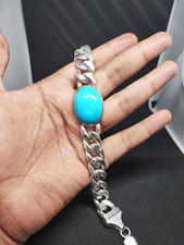 Turquoise Cabochon 14K or Blanc Over Homme Cubain Chaîne Bracelet 8 "/ Large :