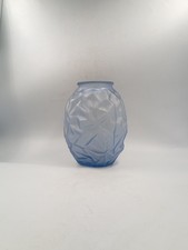 Vase Art Déco Moderniste Verre Bleu Moulé Pressé Géométrique France Années 1930