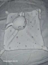 Doudou Plat lapin Blanc SIPLEC Carré Motif Gris Etoiles 4 Nœuds État TBE 