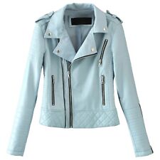 Veste de motard matelassée en cuir d’agneau véritable bleu ciel pour femme te...