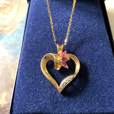 RUBIS, VERITABLE DIAMANT, COEUR VERMEIL OR ARGENT, ANCIEN COLLIER PENDENTIF