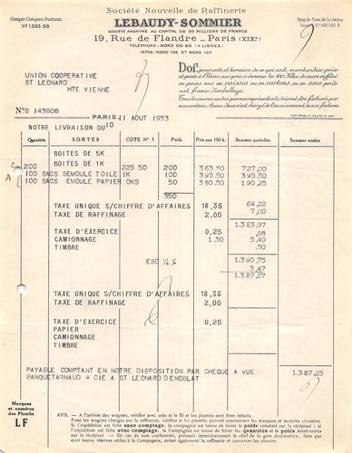 1933 facture lebaudy - lebaudy,