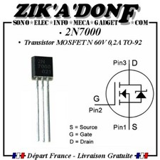 Transistor  2N7000 MOSFET Canal N 60V 0,2A TO-92 (Expédié depuis la France)