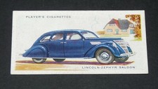 JOHN PLAYER CIGARETTES CARD MOTOR CARS 1937 #29 LINCOLN ZEPHYR SALOON AUTOMOBILE