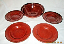  4 ecuelles coupelles + 1 Plat creux poterie terre cuite vernissée-Art Populaire