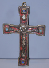 -BELLE CROIX CRUCIFIX STYLE MEDIEVAL BRONZE EMAIL Signé Dominique PIECHAUD    D