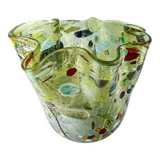 Murano Vase en Verre Vert Multi Bleu Fait Main Peint Millefiori 13cm
