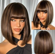 Perruque Naturelle Brun Marron Courte Lisse A Frange 25cm +Cadeau