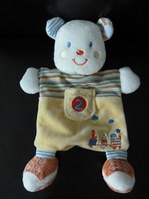 T5.  DOUDOU PLAT NICOTOY KIABI OURS CHAT BLEU BLANC poche 2 petit train B A TBE