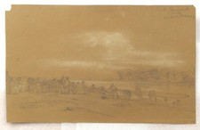 Dessin Théodore Gudin paysage rivière pêcheurs Pays-Bas Hollande XIXème