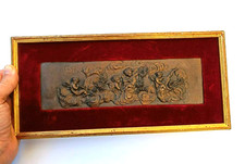 Bas-Relief Ancien Putti Nuages Bronze Cadre Doré Baroque Rare Cherub Plaque