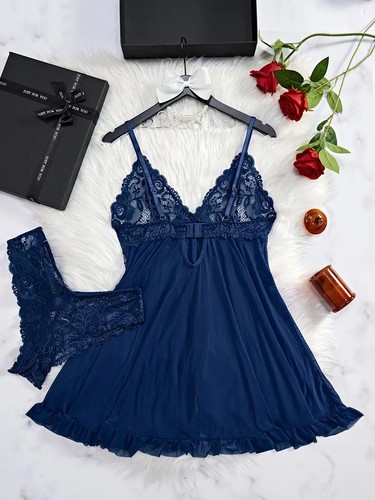 Nuisette sexy dentelle bleu - bleu, +
