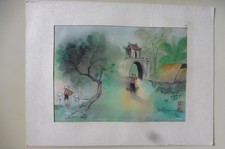 Vintage 1990- Peinture sur soie paysage Vietnam pagode paillotte marchande signé