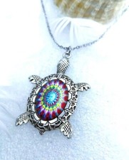 Collier FEMME Pendentif TORTUE Stylé. Washi Art JAPON Carapace rosace SOLEIL