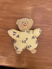 Doudou Peluche Ours Marron Tissu Jaune Imprimé Ourson Histoire D'ours Vintage