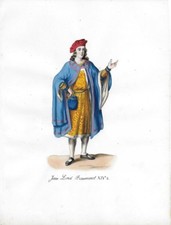 AQUARELLE ORIGINALE 19e s Costume Médiéval  Jean Lord de Beaumont, XIVe siècle