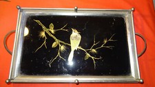 Plateau rectangulaire métal et laque d'asie à l'oiseau